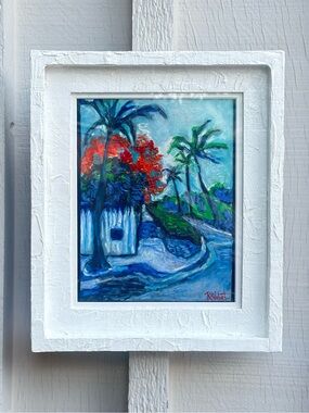 Tropical Painting with White Frame, “Caroline Street” original oil pastel Art